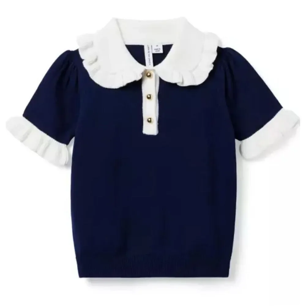 Janie & Jack The Avenue Sweater Top Blue White Cotton Size 7 Collared